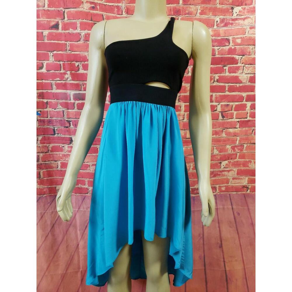 Michelle Mason Size P One Shoulder Fit Flare Dress One Shoulder Black & Blue B10